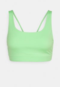 Top desportivo verde claro com uma textura suave, decote quadrado e alças finas ajustáveis. Projetado para conforto e uso ativo.
