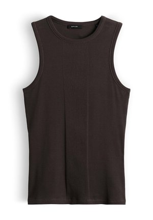 Donkerbruine mouwloze geribde tanktop met ronde hals en verticale textuurstreep middenvoor.