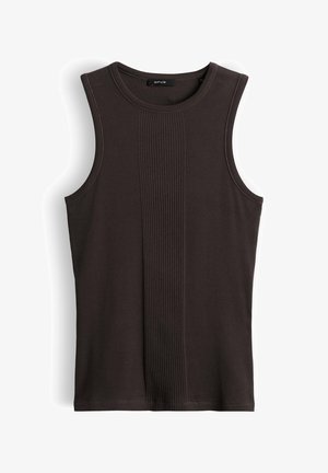 Donkerbruine mouwloze geribde tanktop met ronde hals en verticale textuurstreep middenvoor.