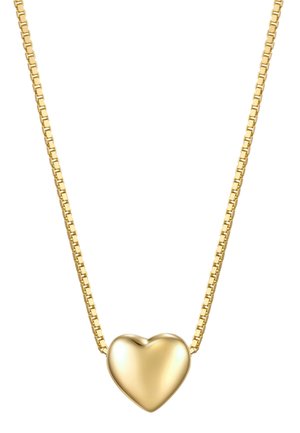 Collar de cadena dorada con un colgante en forma de corazón pulido, superficie suave y diseño de cadena de eslabones cuadrados. Construcción simple y elegante.