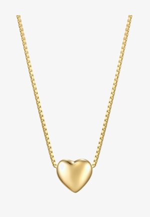 Kullast kett-kaelakee, millel on poleeritud südame-kujuline ripats, sile pind ja ruudukujuliste linkidega kett. Lihtne ja elegantne disain.