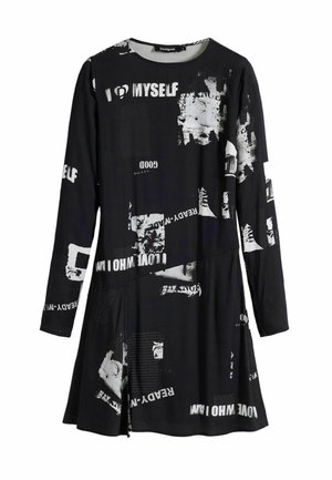 Black long-sleeve dress featuring a mix of white text and graphic prints. Soft, stretchy fabric with a relaxed fit and rounded neckline.