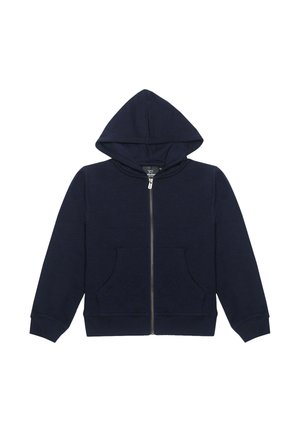Marineblauer Zip-Hoodie mit Fronttaschen, langen Ärmeln und Kapuze, flach auf weißem Hintergrund gelegt.