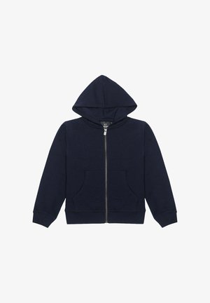 Felpa con cappuccio blu navy con zip, tasche frontali, maniche lunghe e cappuccio, distesa su uno sfondo bianco.