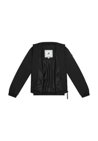 Zwarte jas met ritssluiting en geribbelde manchetten en zoom, open om de gladde voering en een label met merknaam "ragwear" te tonen.