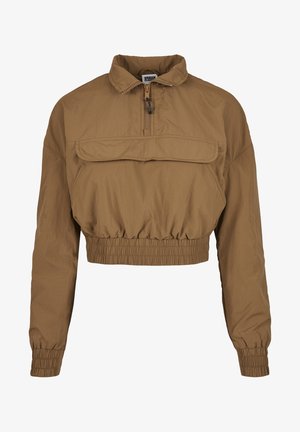 Veste courte marron en matériau léger, avec col montant, fermeture éclair, poche avant et ourlet et poignets élastiqués.