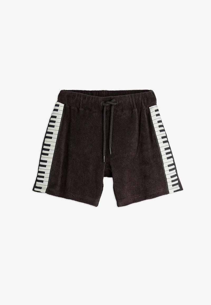 Melni frotē šorti ar aukliņu jostai un klavieru taustiņu dizainu sānos. Gluda tekstūra, līdz ceļiem garums.