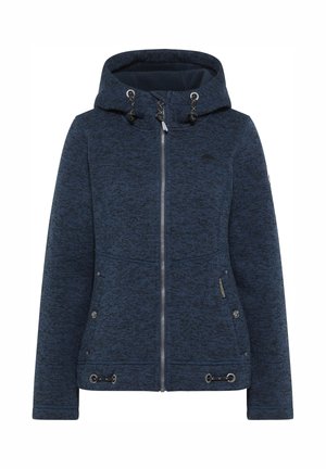 Navyblå zip-up jakke med hætte, udstyret med et tekstureret strik, justerbare snore, to frontlommer og sølvfarvede hardwaredetaljer.