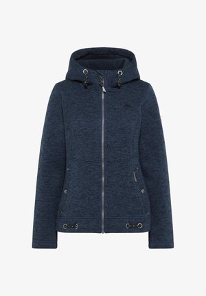 Chaqueta con cremallera en azul marino con capucha, que presenta un punto texturizado, cordones ajustables, dos bolsillos frontales y acentos de hardware plateado.