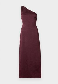 Rochie de seară fără mâneci, cu un singur umăr, până la podea, din satin de un burgund adânc, cu un model texturat subtil.