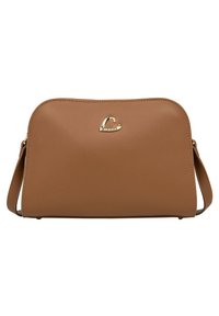 Tan synthetic leather handbag with a smooth texture, rounded shape, gold logo accent on the front, and a detachable shoulder strap.