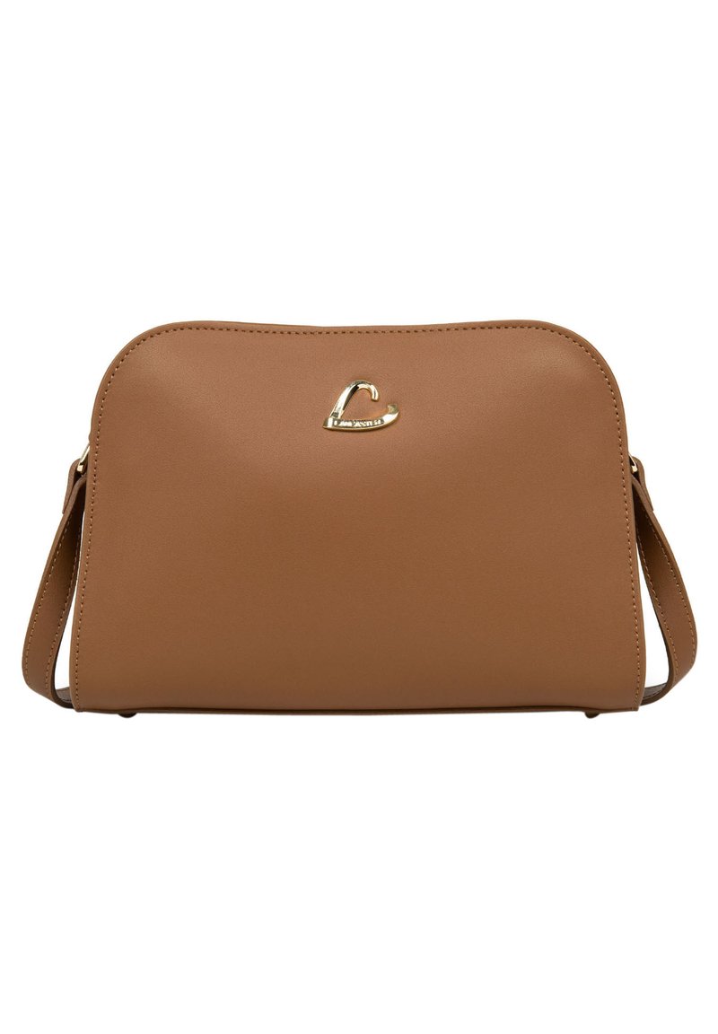 Tan synthetic leather handbag with a smooth texture, rounded shape, gold logo accent on the front, and a detachable shoulder strap.