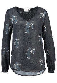 Langærmet bluse i mørkeblå gennemsigtig stof, med et prikket mønster og stiliserede blomstertryk i dæmpet blå og hvid. V-hals design.