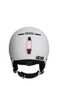 Wit snowboardhelm met ventilatiesleuven, verstelbare kinband en prominent Quiksilver-logo. Heeft een achterste verstelknop en oranje accenten.