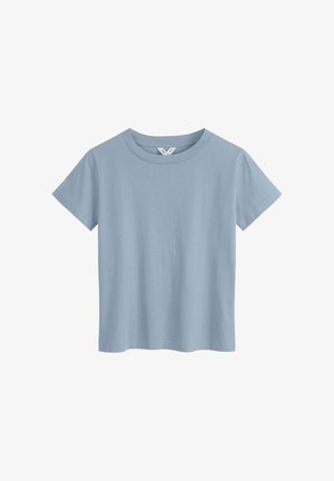 Plain light blue short-sleeve cotton T-shirt with round neck, displayed on a white background.