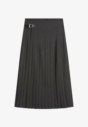 Geplooide donkergrijze rok met een gladde textuur. Voorzien van een zwarte detail met een gesp aan de zijkant. De zoom is iets uitlopend, wat de silhouet verbetert.