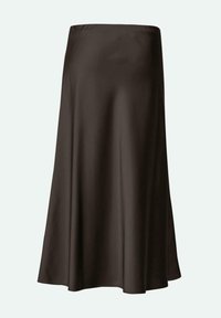 Brown satin midi skirt with a smooth texture and a flared design, featuring a wide waistband, reaching mid-calf length.
