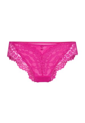 Bikini di pizzo rosa acceso con motivi floreali e due piccoli bottoni centrati sulla fascia anteriore.