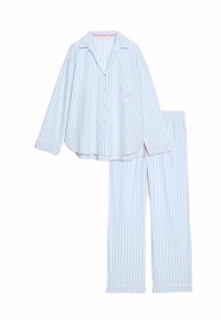 Gestreept pyjama set van zachte stof. Lichtblauwe en witte strepen, knoopsluiting aan de bovenkant met pocket, bijpassende broek met elastische tailleband.