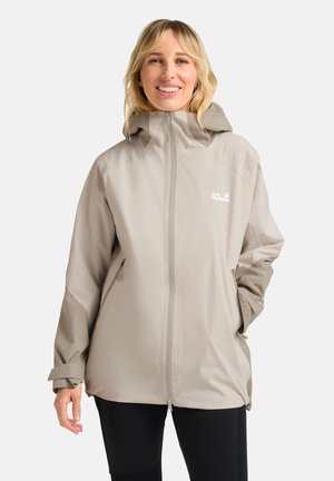 Lightweight, beige hooded jacket with zip closure, elastic cuffs, and side pockets. Features logo on chest and a relaxed fit.