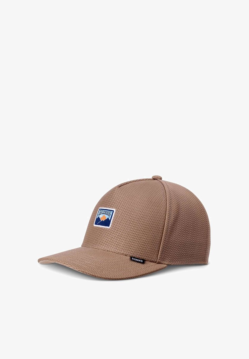 Brown mesh baseball cap with a curved visor, featuring a triangular patch with mountains, logo tag on the side, and structured crown.