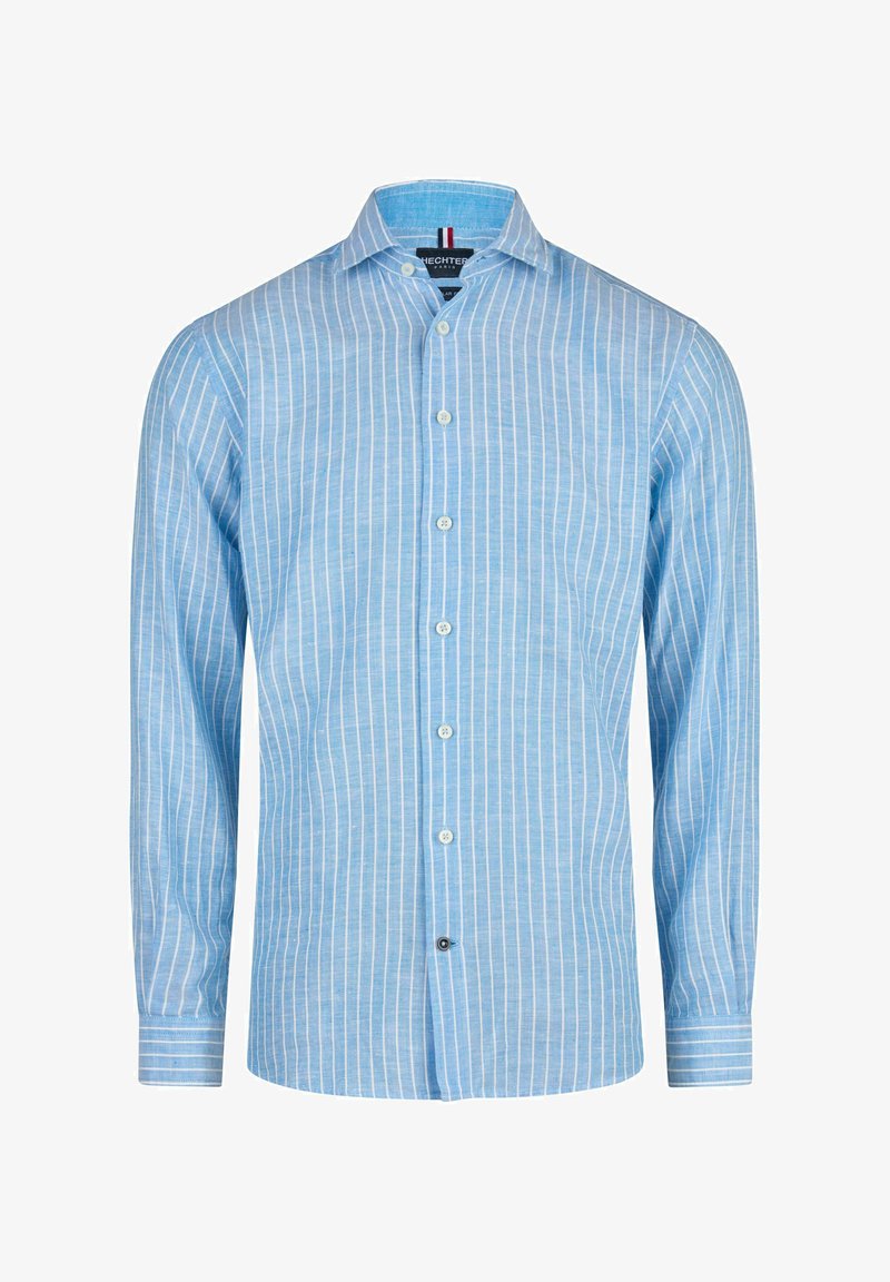 Lichtblauw overhemd met lange mouwen, voorzien van verticale witte strepen, een button-down kraag, sluiting met knopen aan de voorkant en contrasterende stroken bij de manchetten. Zachte textuur.