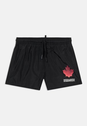 Shorts de bain noirs avec taille élastique et cordon de serrage, ornés d'une feuille d'érable rouge et du logo "DSQUARED2" sur la jambe droite.