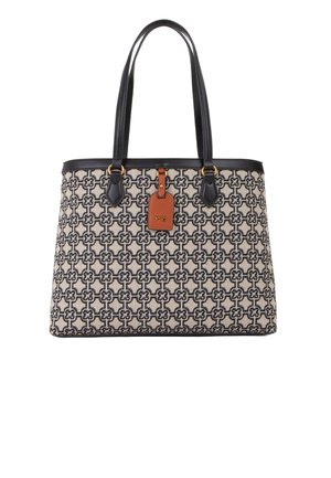 Sac cabas avec motif géométrique noir et beige, poignées en cuir noir et étiquette en cuir marron avec logo doré "V°73".