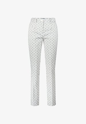 Witte slanke broek met golvend grijs geometrisch patroon, achterzakken en riemlussen, gezien vanaf de achterkant tegen een effen achtergrond.