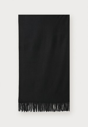 Écharpe noire avec des franges aux extrémités ; fabriquée en matériau doux et possède une texture lisse. Forme rectangulaire, adaptée à diverses options de style.