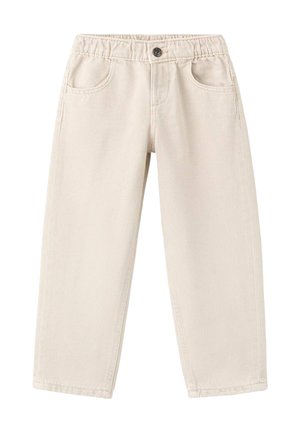 Pantaloni de denim bej din bumbac, cu talie elastică, buzunare frontale și croială dreptă. Textură fină și detalii simple de cusătură.