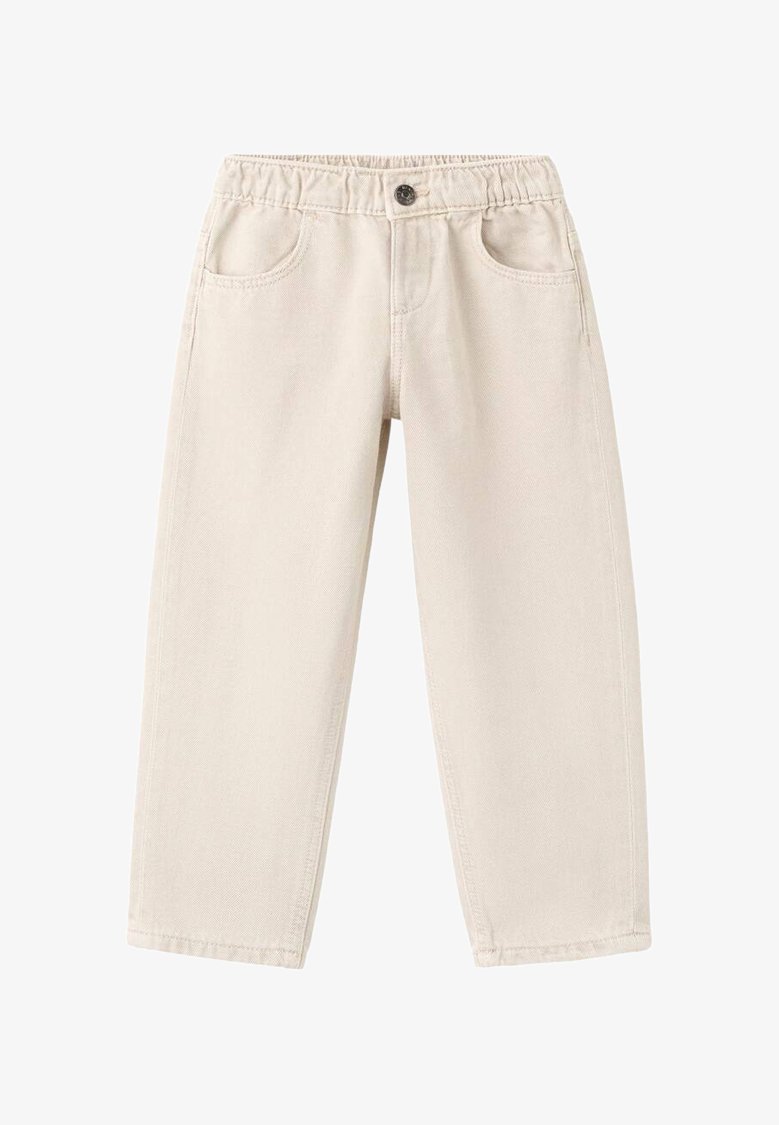 Pantalon en denim de coton beige avec une ceinture élastique, des poches avant et une coupe droite. Texture lisse et détails de coutures simples.