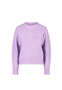Helle lila gestrickter Pullover mit rundem Halsausschnitt, geripptem Material und langen Ärmeln. Verfügt über einen gerippten Saum und Akzente an den Bündchen.