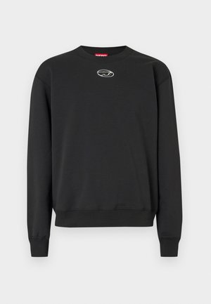Sweatshirt preto feito de tecido suave, com gola redonda, mangas longas, punhos canelados e um pequeno logotipo ao centro. Design simples.