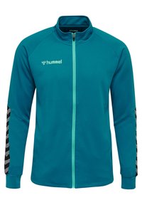 Turkos zip-jacka tillverkad av textil med struktur, med kontrasterande svarta och grå diagonala ränder längs ärmarna och en logo på bröstet.