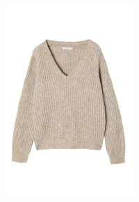 Beige gebreide trui met een geribbelde textuur, voorzien van een diepe V-hals en lange mouwen. Zachte stof en een ontspannen pasvorm.