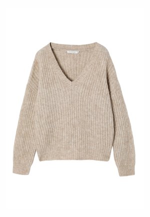 Beige knitted sweater with a ribbed texture, featuring a deep V-neck and long sleeves. Soft fabric and relaxed fit design.