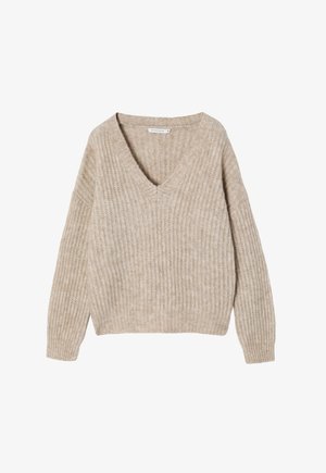 Beige neulepusero, jossa on ribsikuvio, syvällä V-pääntie ja pitkät hihat. Pehmeä kangas ja rento istuvuus.