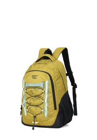 Sac à dos jaune en tissu texturé, système de cordon élastique à l'avant, accents noirs, bretelles rembourrées et poche latérale en maille.