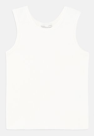 Canottiera bianca senza maniche in tessuto a coste, con scollo rotondo e orlo dritto. Design semplice senza ulteriori decorazioni.