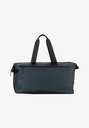 Sac de sport rectangulaire bleu foncé avec des poignées noires et une poche zippée horizontale à l'avant.