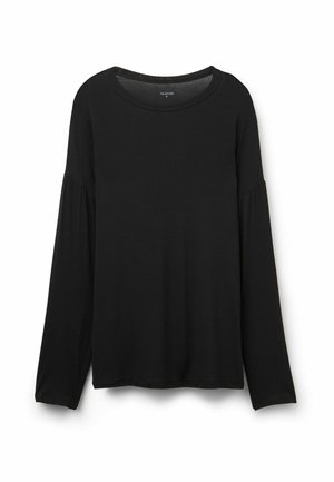 Czarna koszula z długim rękawem, okrągłym dekoltem i lekko marszczonymi rękawami, przedstawiona na białym tle.