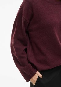 Person, die einen dunkelburgunderfarbenen Pullover mit langen Ärmeln und Rippbündchen trägt, mit einer Hand, die teilweise in die Tasche einer schwarzen Hose gesteckt ist.