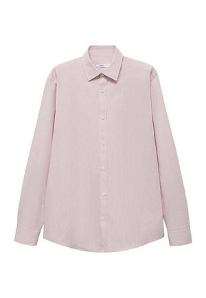 Svetlo roza srajca z dolgimi rokavi in ostrim ovratnikom, subtilne navpične črte ter zaponko z gumbi. Ima zaobljen rob in manšete z gumbi.