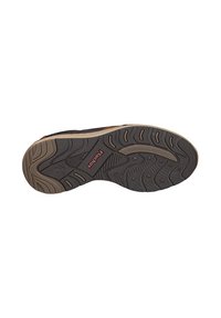 Suela de zapato de goma oscura con un patrón texturizado y un borde de color claro que contrasta. "Fitflops" y "Comodidad Absoluta" impresos en rojo.