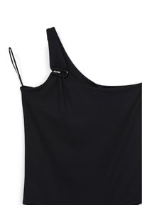 Top nero a spalla singola realizzato in tessuto liscio, caratterizzato da spalline elastiche, arricciature sulla spalla e un design elegante e minimalista.