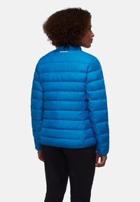 Giacca puffa blu con design trapuntato, realizzata in tessuto lucido. Presenta un colletto alto e un logo sulla parte posteriore. Sono indossati pantaloni neri.