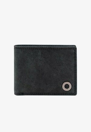 Cartera bifold de cuero negro con un acabado texturizado, bordes redondeados, costuras en contraste y un adorno metálico circular.