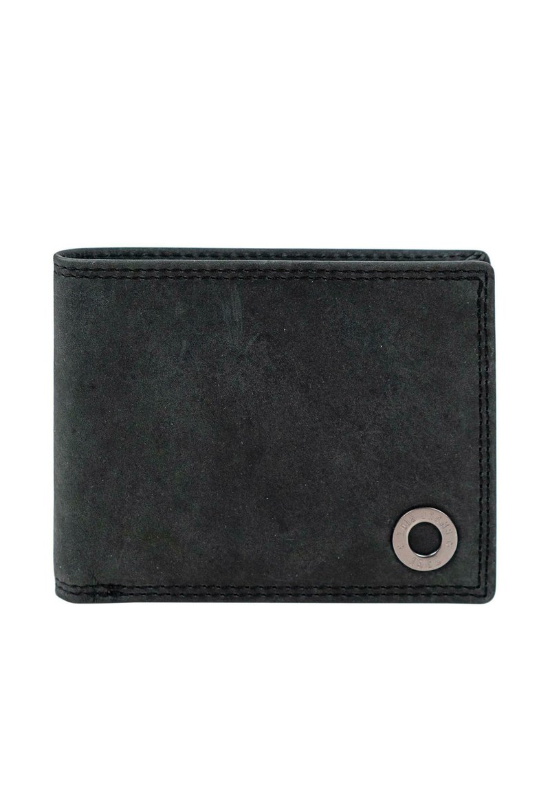 Cartera bifold de cuero negro con un acabado texturizado, bordes redondeados, costuras en contraste y un adorno metálico circular.