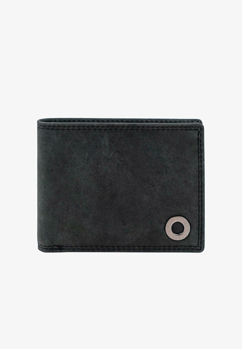 Cartera bifold de cuero negro con un acabado texturizado, bordes redondeados, costuras en contraste y un adorno metálico circular.